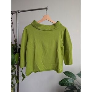 Vintage y2k top L Lime Green Embroidered Rosettes boat Collar Cropped cowl 3/4